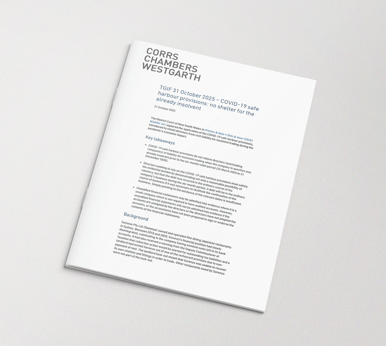 CORRS — “COVID-19 Safe Harbour Provisions: No Shelter for the Already Insolvent” (2025)