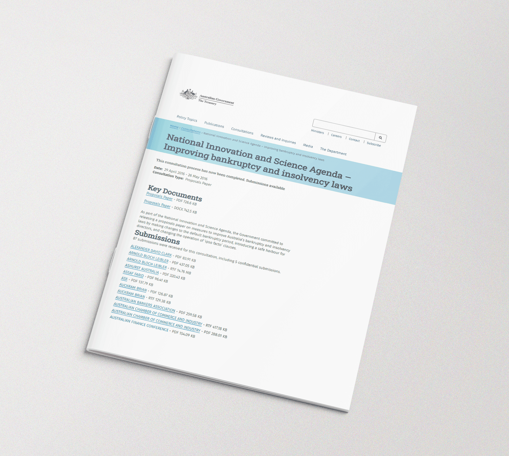 Treasury Report on improving insolvency Laws (2016)